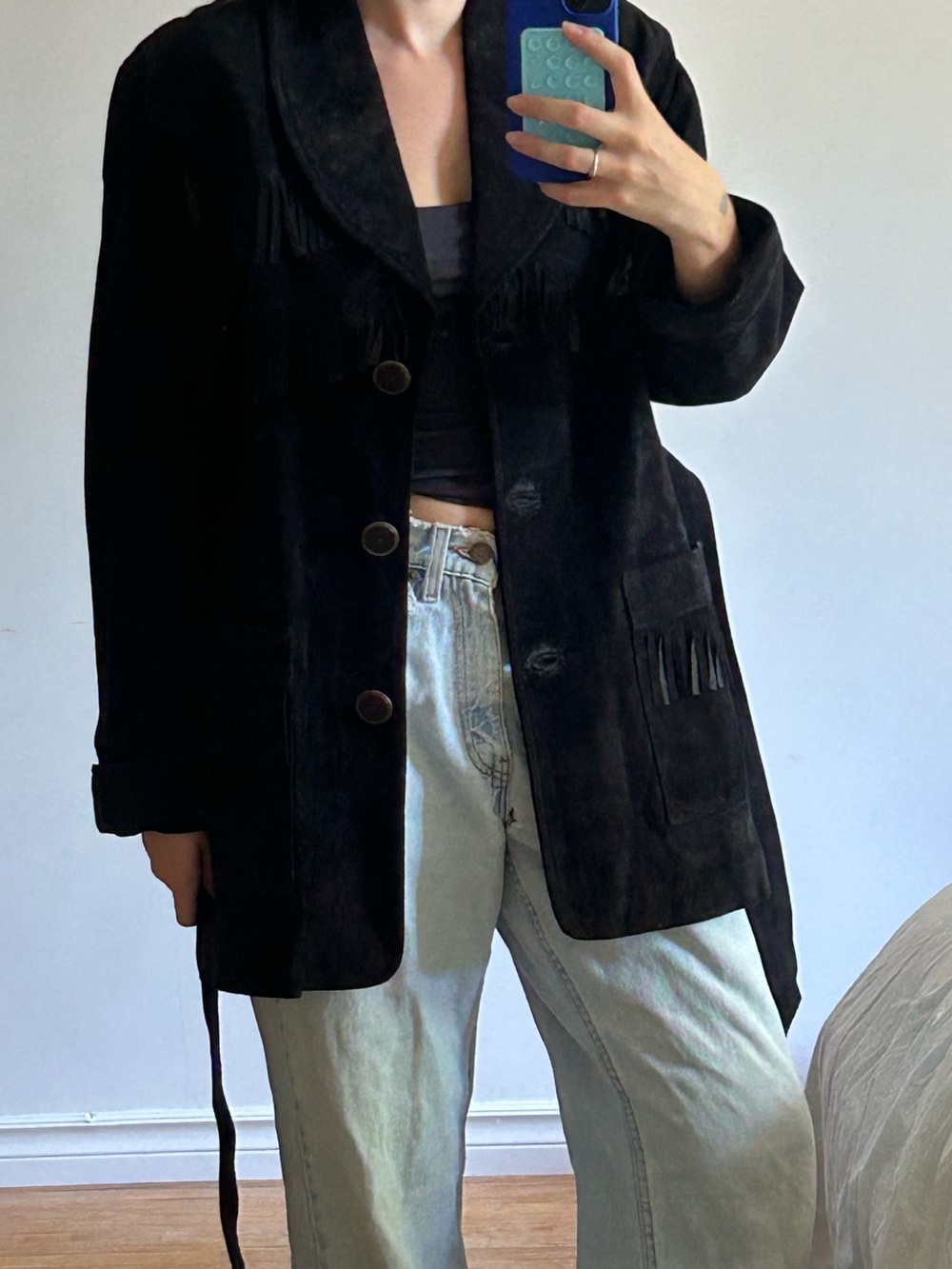 VINTAGE Danier Black Suede Fringe Belted Trench Coat - Picture 4 of 7